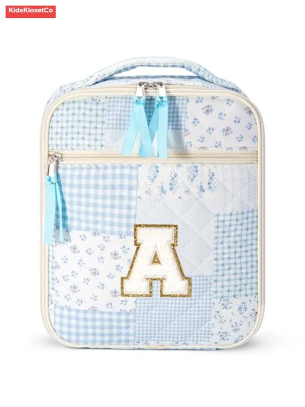 Kids Insulated Lunch Bag with Initial Chenille Patch, Quilted Cotton, Zipper
